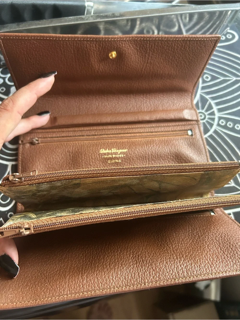 Salvatore Ferragamo Brown and Gold Floral Leather Wallet